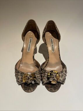Manolo Blahnik Beige Leopard Print D'Orsay Heels with Gold-Tone Buckle